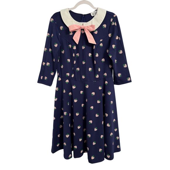 Unique Vintage Women's 16 Retro Peter Pan Collar Strawberry Bow Dress Twee - Picture 1 of 8